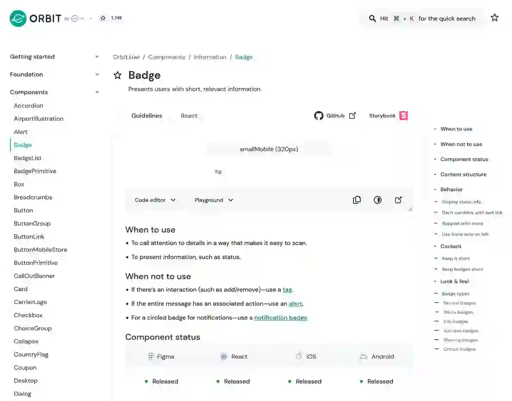 A Badge component in the Orbit docs