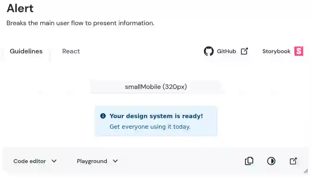 Documentation for an alert component with a tab for React and an interactive example